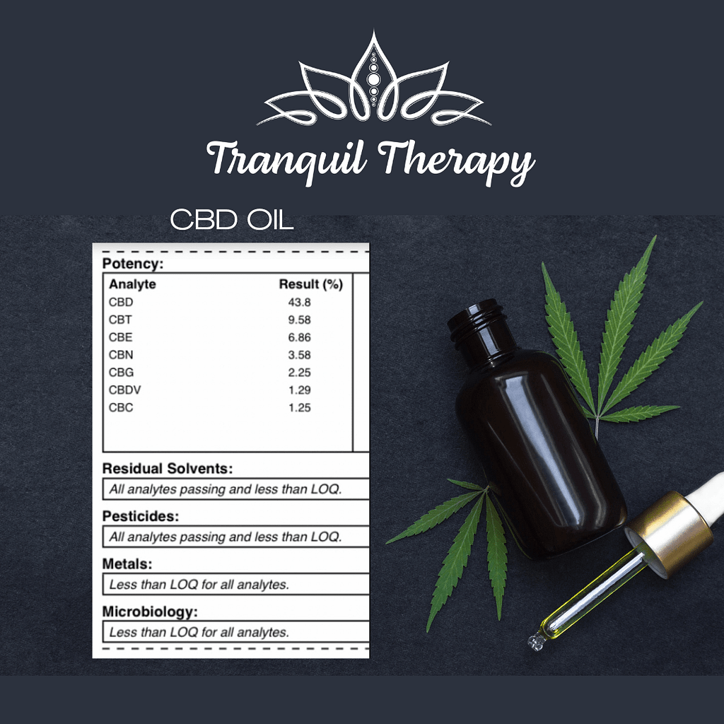 CBD potency and purity test results shown next to a dark glass dropper bottle and hemp leaves, representing the high-quality CBD oil used in Tranquil Therapyโs massage treatments.