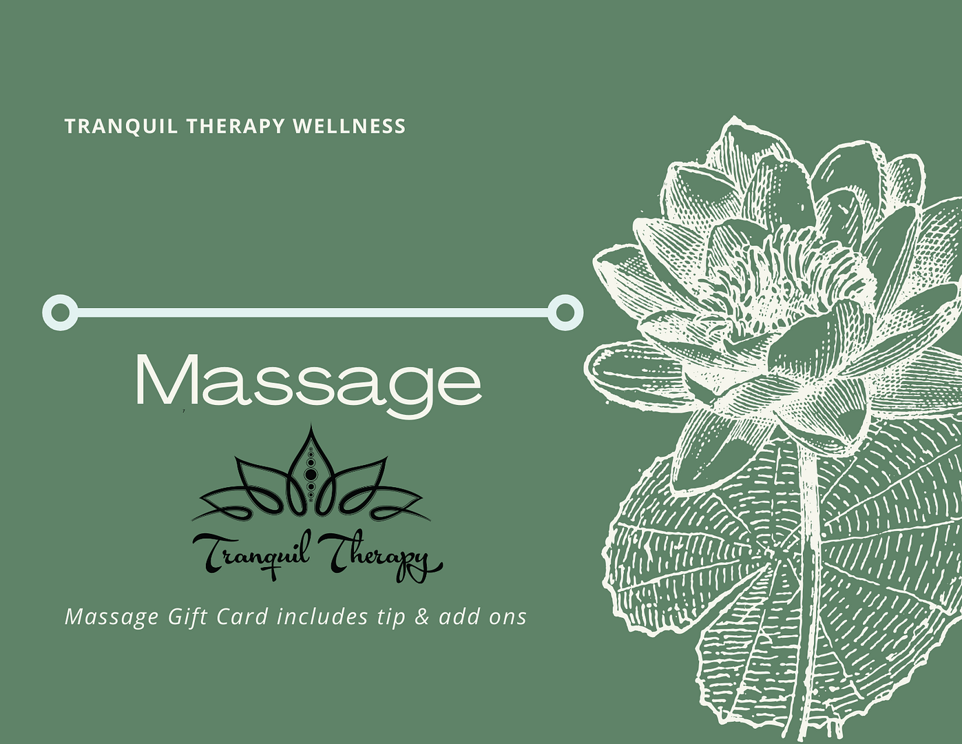 front of the giftcard. the background is olive green with a lotus flower and lilly pad in white ink.